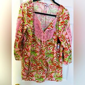 NWT Crown & Ivy Pale Pink, Orange, Green Crochet Tunic Top , Size S